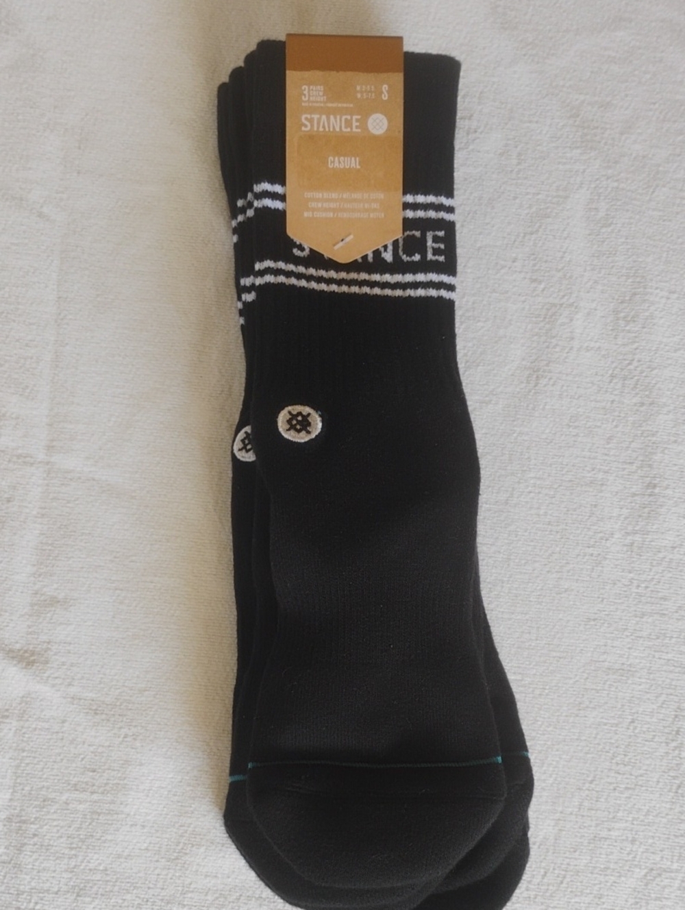 3 Pack Stance Black Casual Crew Socks with White Stripe Detail BNWT MSRP $16.99